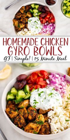 Chicken Gyro Bowl (15 Minutes, Gluten-Free) - Whole Kitchen Sink Low Calorie Greek Chicken Bowls, Chicken Gyro Bowl Tzatziki Sauce, Chicken Gyro Meal Prep, Greek Ground Chicken Bowls, Greek Bowl Chicken, Mediterranean Chicken Bowls Healthy, Healthy Greek Bowl Recipes, Greek Chicken Taziki Bowl, Chicken Euros