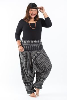 Plus Size Hill Tribe Elephants Women Harem Pants in Black Plus Size Palazzo Pants, Harem Pants Outfit, Plus Size Palazzo, Black Harem Pants, Elephant Pants, High Waisted Wide Leg Pants, Hip Style, Over 50 Womens Fashion