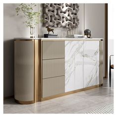 a white and gold sideboard in a living room