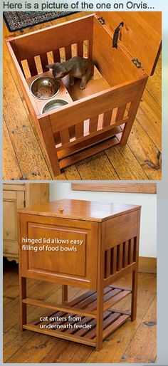 the dog is eating out of his food dish in the wooden crate on the floor