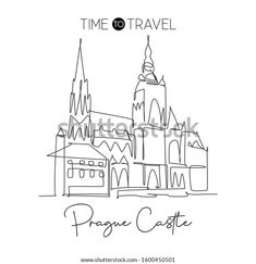 a black and white line drawing of prague castle with the words time travel on it