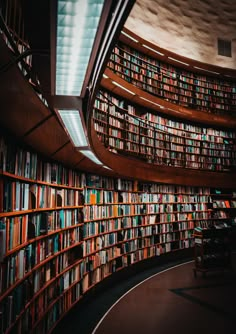 a library filled with lots of books under a skylight