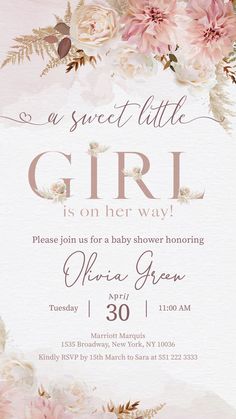 a baby shower is shown with pink flowers and greenery on the bottom half of it