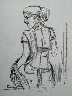 a black and white drawing of a woman wearing a hat with her back turned to the camera