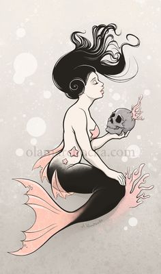 a drawing of a mermaid holding a skull