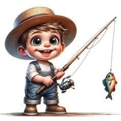 a little boy that is standing up with a fishing pole and a fish in his hand