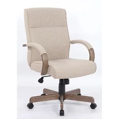 an office chair with wheels on the back and seat upholstered in beige fabric