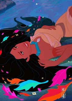 the little mermaid is laying on her stomach with colorful fish around her neck and head