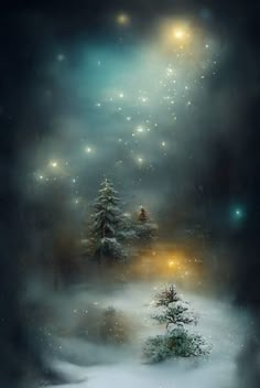 a painting of snow covered trees in the night sky