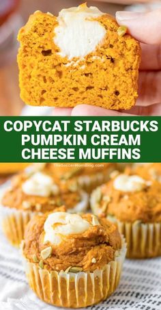 pumpkin cream cheese muffins with text that reads copycat starbucks's pumpkin cream cheese muffins