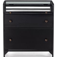 a black dresser with two drawers and a glass top on it's bottom shelf