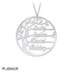 Wear your roots with pride, and add this beautiful Family Tree Cutout Necklace to your collection. The delicate cutout design features a tree in full bloom, with branches that can be customized to bear the names of up to four family members. Choose from sterling silver, white, yellow or rose gold to create a family keepsake you'll treasure forever. Tree Cutout, Bright Pictures, Family Keepsakes, Cutout Design, In Full Bloom, Silver Prices, Gold Price, Beautiful Family, Name Plate