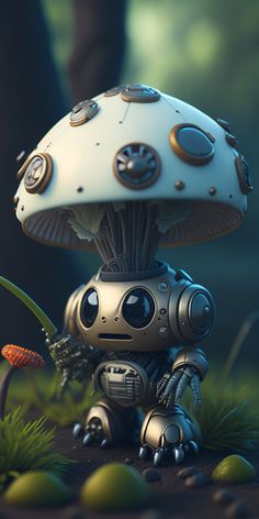 The Mini Mech Fungi embodies a harmonious blend of the natural and the mechanical, offering a gentle reminder that technology can enhance and coexist with the beauty of the natural world. Mechanical Animals, Music Album Covers, Art Theme, Mushroom Art, Art Characters, Music Album, Natural World