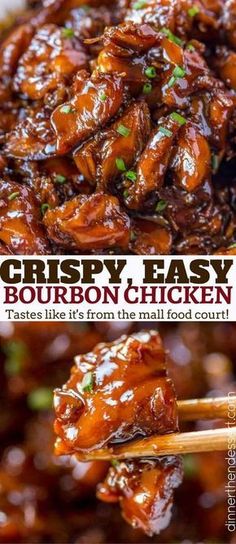 two pictures with the words crispy easy bourbon chicken on them