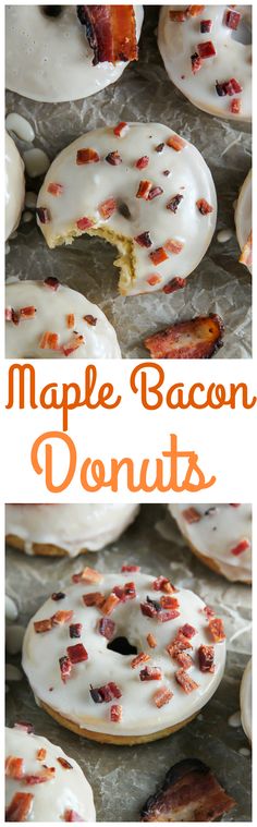 two pictures of maple bacon donuts with white frosting