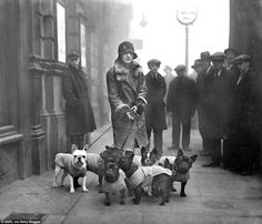 a woman is walking her dogs down the street in winter coats and sweaters on