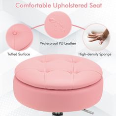 the foot stool is pink and has buttons on each side, which are attached to an adjustable