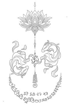 a black and white drawing of two dragon heads in the middle of a circular design