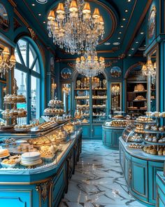 a bakery with blue walls and chandeliers hanging from the ceiling, filled with pastries