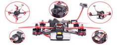 the various parts of a remote controlled helicopter are shown in red and black colors, including two