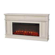 an electric fireplace with red flames in the center and white wood paneling on the sides