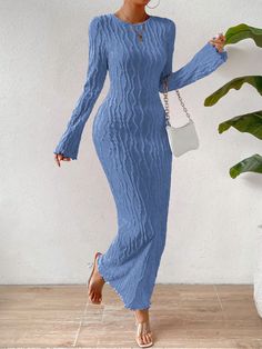 Women's Long Sleeve Bodycon Dress Maxi Women Outfit Blue Elegant  Long Sleeve Knitted Fabric Plain Bodycon Slight Stretch  Women Clothing, size features are:Bust: ,Length: ,Sleeve Length: Prints Fashion, Long Bodycon Dress, Sleeve Bodycon Dress, Bodycon Fashion, Birthday Pictures, Summer Prints, Women Long Dresses, Long Sleeve Bodycon, Kawaii Clothes