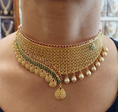 22K Gold Choker Necklace with Color Stones & Culture Pearls - 235-GN5168 in 35.850 Grams Best Choker Designs, Gold Choker Necklace Indian, Desi Attire, Temple Jewelry Necklace, Bridal Necklace Designs, Choker Necklace Designs