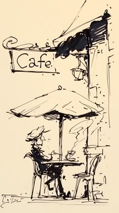 an ink drawing of two people sitting at a table under umbrellas in front of a cafe