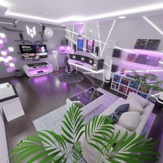 a living room filled with white furniture and purple lighting