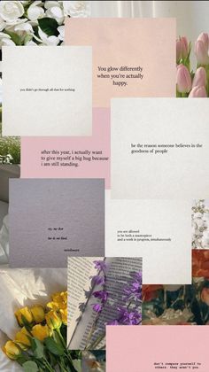 a collage of flowers and cards with words on them