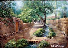 an oil painting of a river running through a village with stone walls and trees on either side