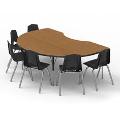 an oval table with black chairs and a large wooden top on a white background is shown