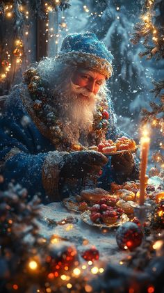 an old man sitting in front of a table with food on it and lit candles