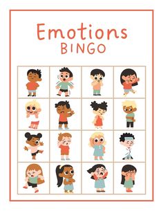 the emotions bingo game is shown with cartoon characters and words in red, white, and orange