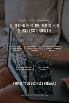 a person sitting on a couch using a laptop with the text, 500 chattpot prompts for business growth