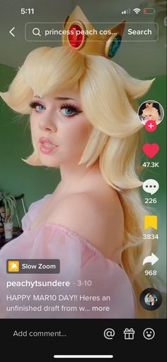 Princess Peach Haircut, Rosalina Cosplay Makeup, Princess Rosalina Makeup, Princess Peach Hair Tutorial, Princess Peach Photoshoot, Princess Peach Makeup Tutorial, Princess Peach Makeup Halloween