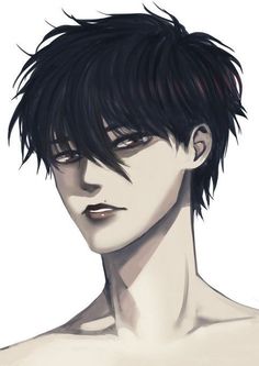 an anime character with black hair and no shirt is looking at the camera while he has his eyes closed