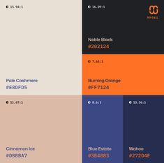 the color scheme for an orange, blue, and black wallpaper is shown in three different colors