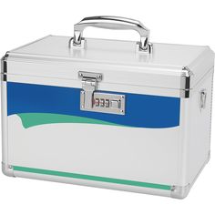 a white and blue striped briefcase on a white background