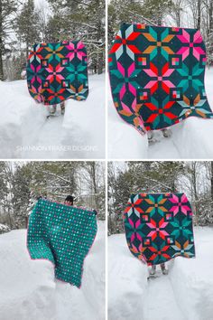 four different pictures of a quilted blanket in the snow, with multiple images of it