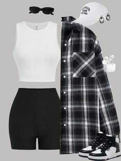 SHEIN Essnce Plus Size Women's Autumn And Winter Casual Loose Long-Sleeved Black And White Plaid Shirt And Vest Shorts Three Pieces Set,Fall Women Clothes,Homecoming,Y2k,Outfit Sets,Airport Women Outfits,Black Shorts SetI discovered amazing products on SHEIN.com, come check them out! Crop Vest Tops, Summer Outfits In Black, Preppy Crop Top Outfit, Teens Outfits Girls Clothes, Black To School Outfits, How To Style White Crop Top, Outfits From Shein Summer, How To Style Black Crop Top, How To Style A Black Shirt