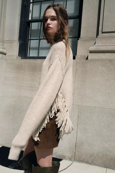 - Beige marl | ZARA United States Rich Girl Fashion, Fringe Sweatshirt, Zara Looks, Waistcoat Dress, Zara Outfit, Fringe Sweater, Zara Fashion, Blouse Jeans, Cardigan Sweater Dress