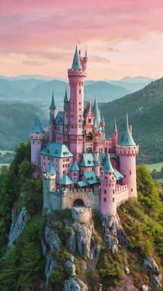 a pink castle sitting on top of a lush green hillside next to a mountain covered in trees