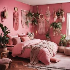 a bedroom with pink walls and hanging plants