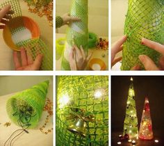 there are many pictures of different things made out of plastic bottles and mesh nettings