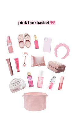 the contents of a pink bag are arranged in a circle with text that reads, pink boo basket