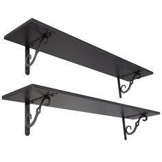 two black metal shelfs with brackets on each one and the other handmade from wood