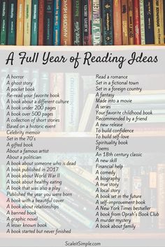 a full year of reading ideas list with bookshelves in the background and text overlay