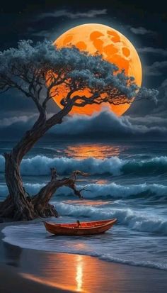 a painting of a boat on the beach under a full moon