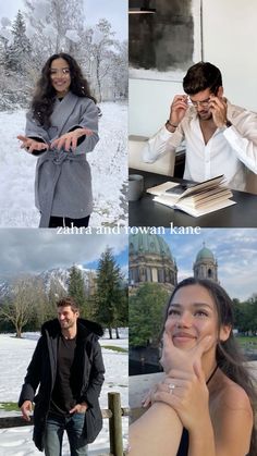 four different pictures of people in the snow